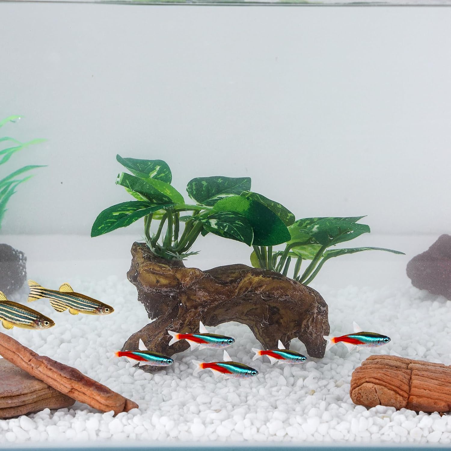 Artificial Aquarium Ornaments Silk Leaf Betta Fish Tank Decoration Driftwood Cave Decor for Reptiles Plants Driftwood