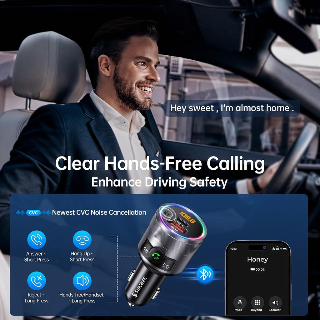 Bluetooth 5.4 FM Transmitter for Car, 38W PD&QC3.0 Dual USB Charging Bluetooth Car Adapter Microphone & Bass Sound