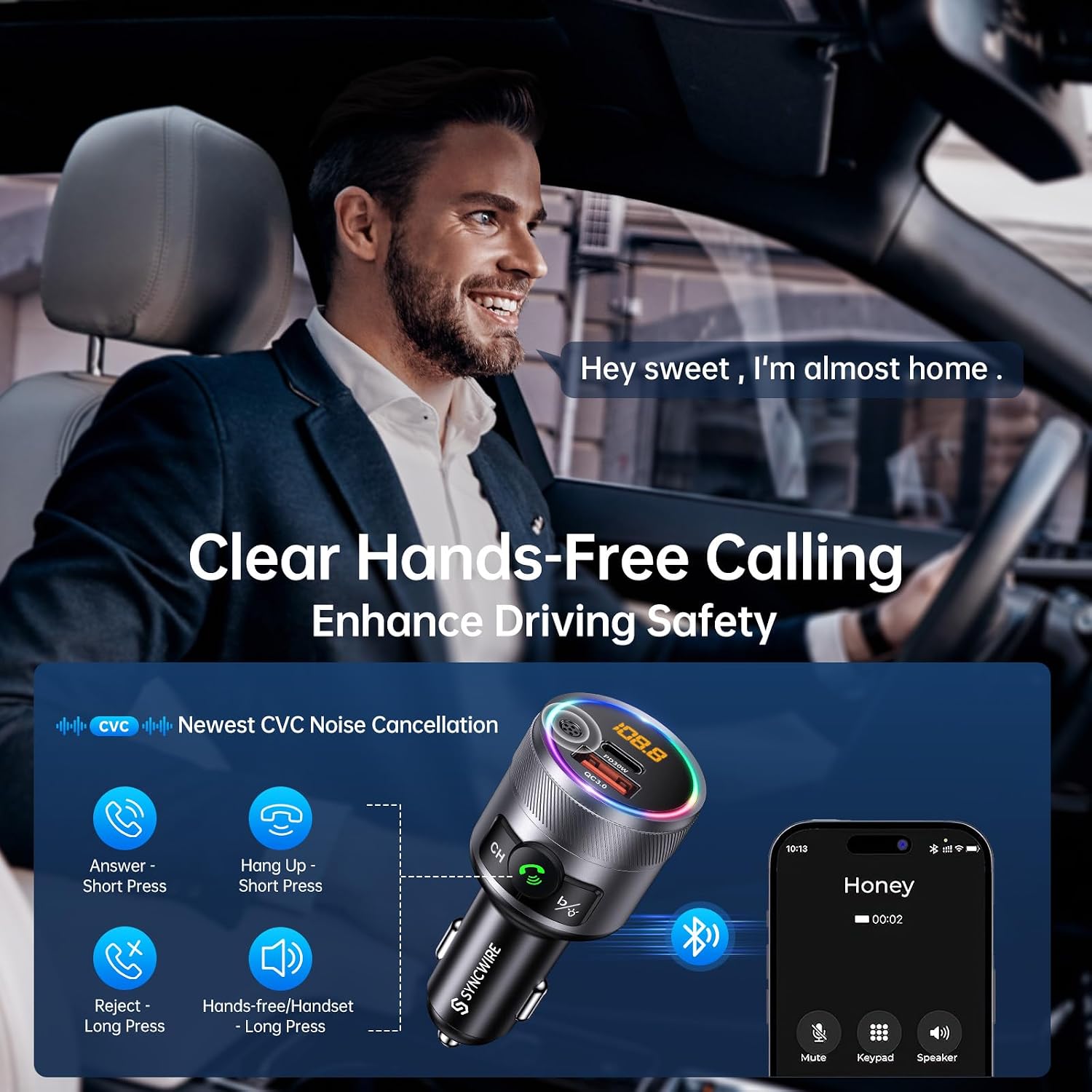 Bluetooth 5.4 FM Transmitter for Car, 38W PD&QC3.0 Dual USB Charging Bluetooth Car Adapter Microphone & Bass Sound