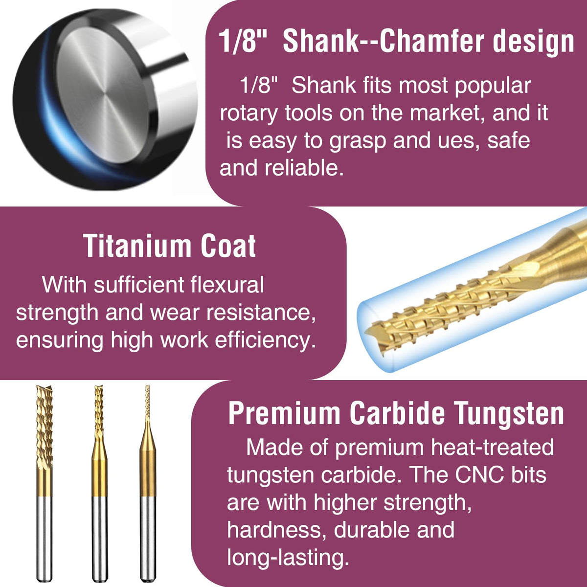 Titanium Coated Engraving Milling Cutter Carbide Bits, 0.8-3mm, 1/8'' Shank, 10 Pieces, for Dremel Rotary Tools