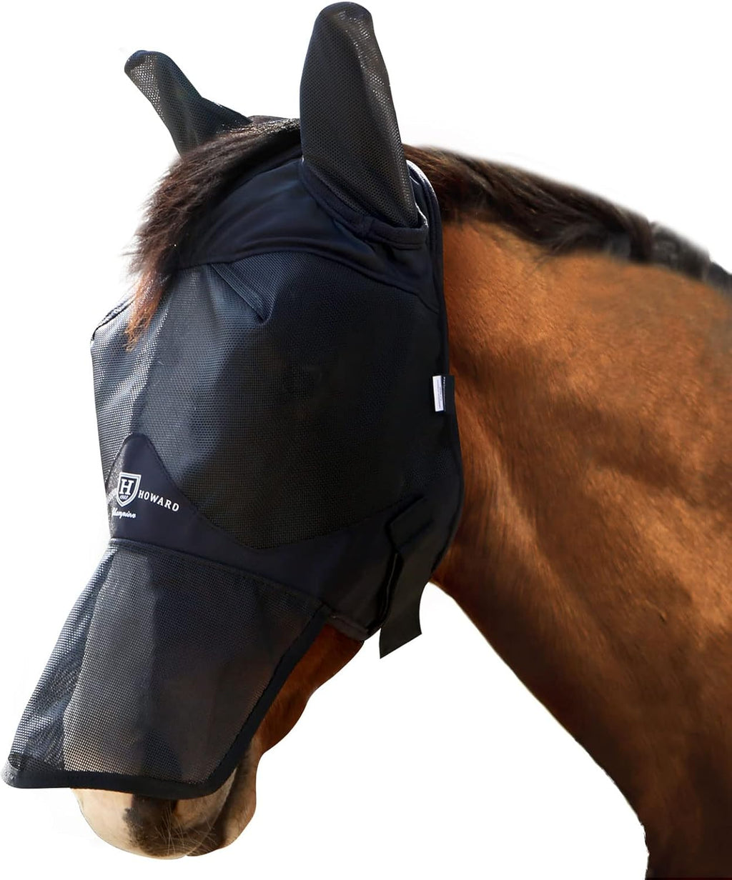 UV-Proof Forelock Opening Reliable Protection Horse Fly Mask Long Nose with Ears Black Horse Large