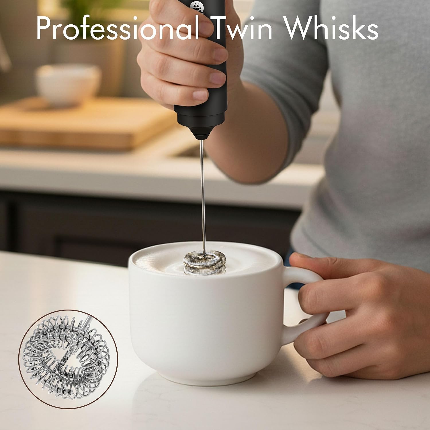Rechargeable Milk Frother Handheld, 2-IN-1 Dual Spring Whisk Electric Frother Wand for Cappuccino Latte Macchiato