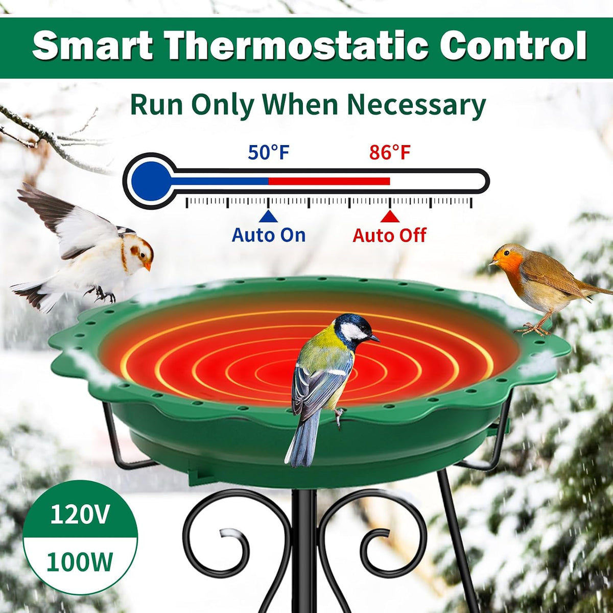 100W Heated Bird Bath for Outdoors, Heated Birdbath Water Heater, Green