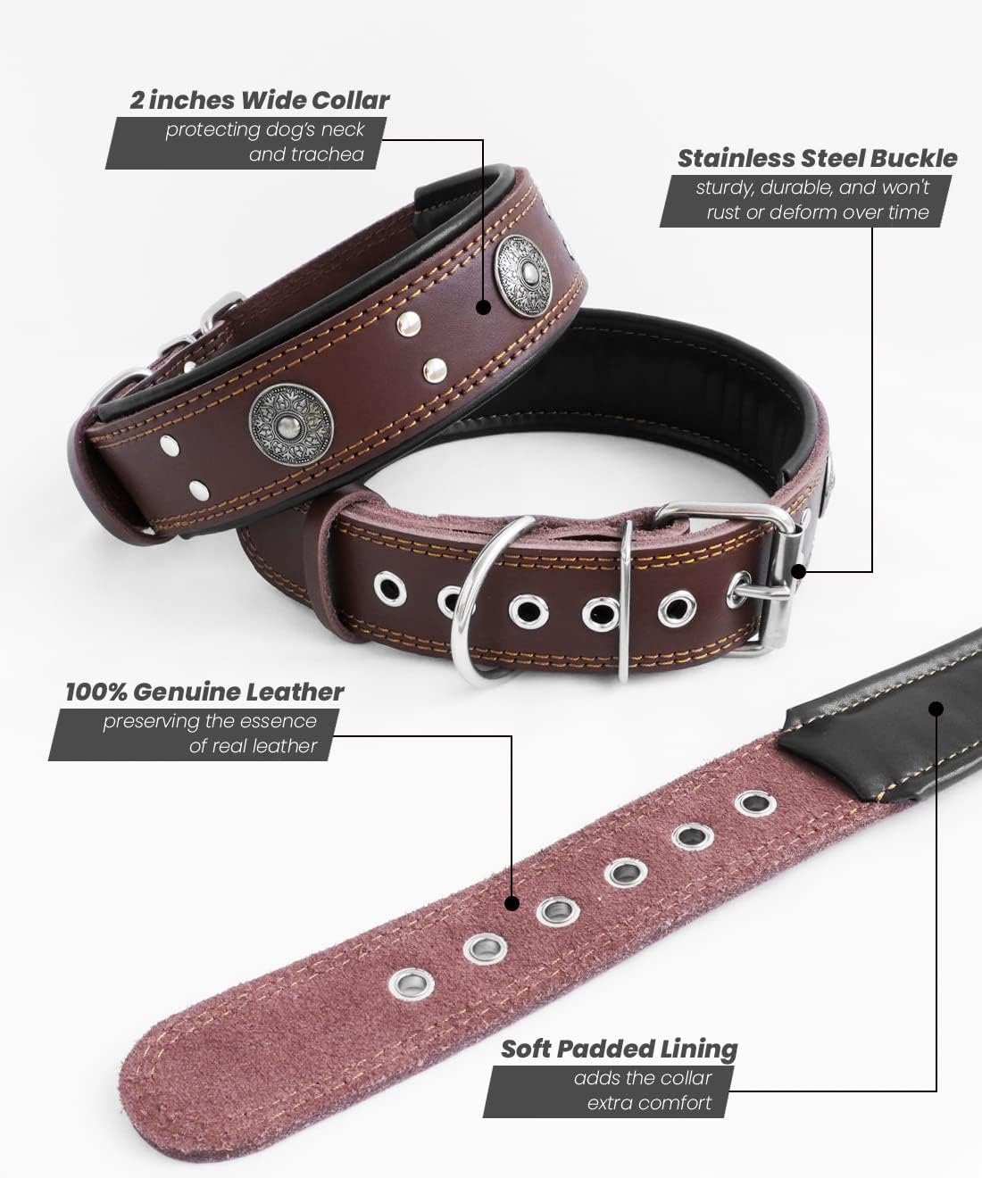 Genuine Leather Dog Collar for Large Dogs,2 in Wide Heavy Duty,BN-M