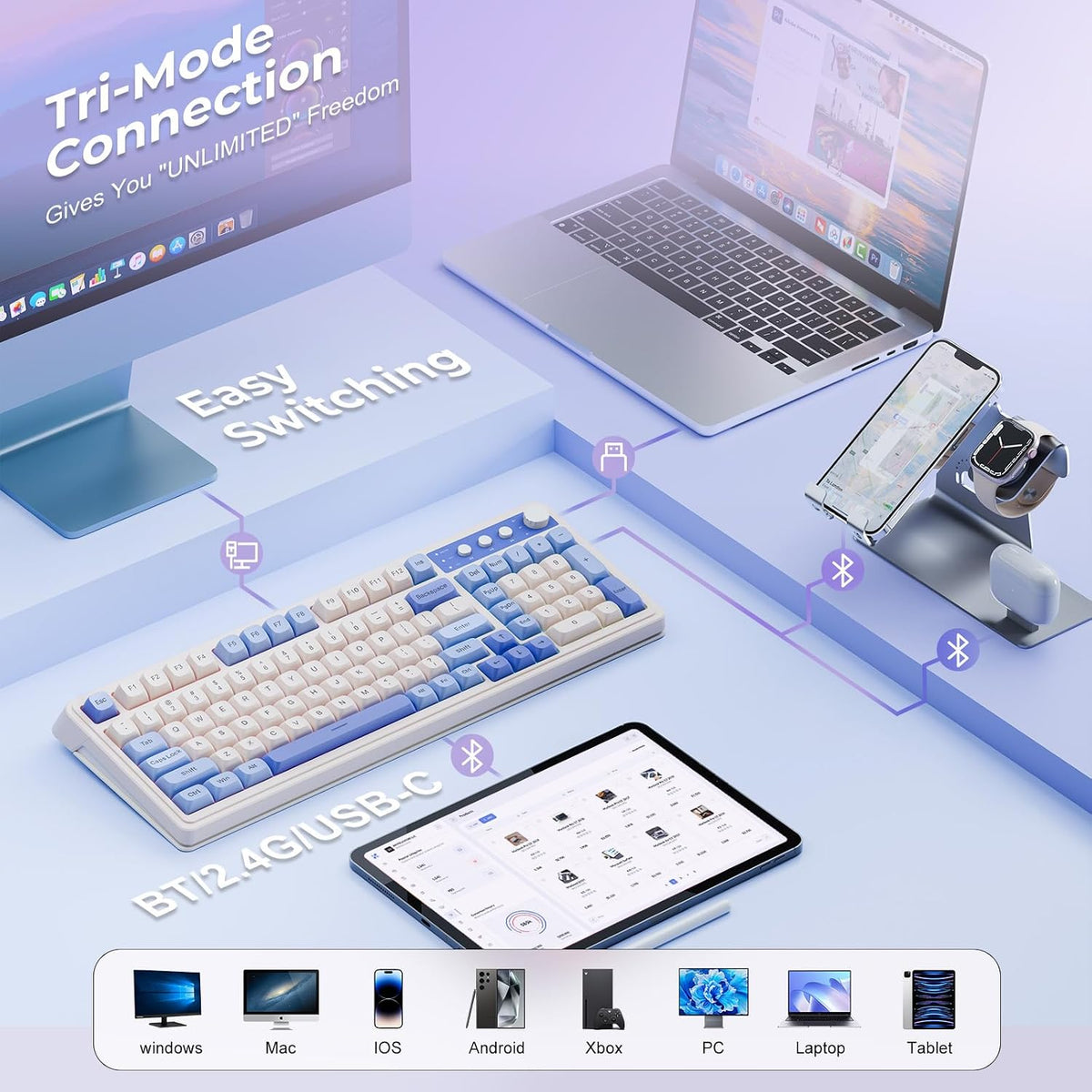 99 Key Purple Keyboard, Wireless Gaming Keyboard with Number Pad
