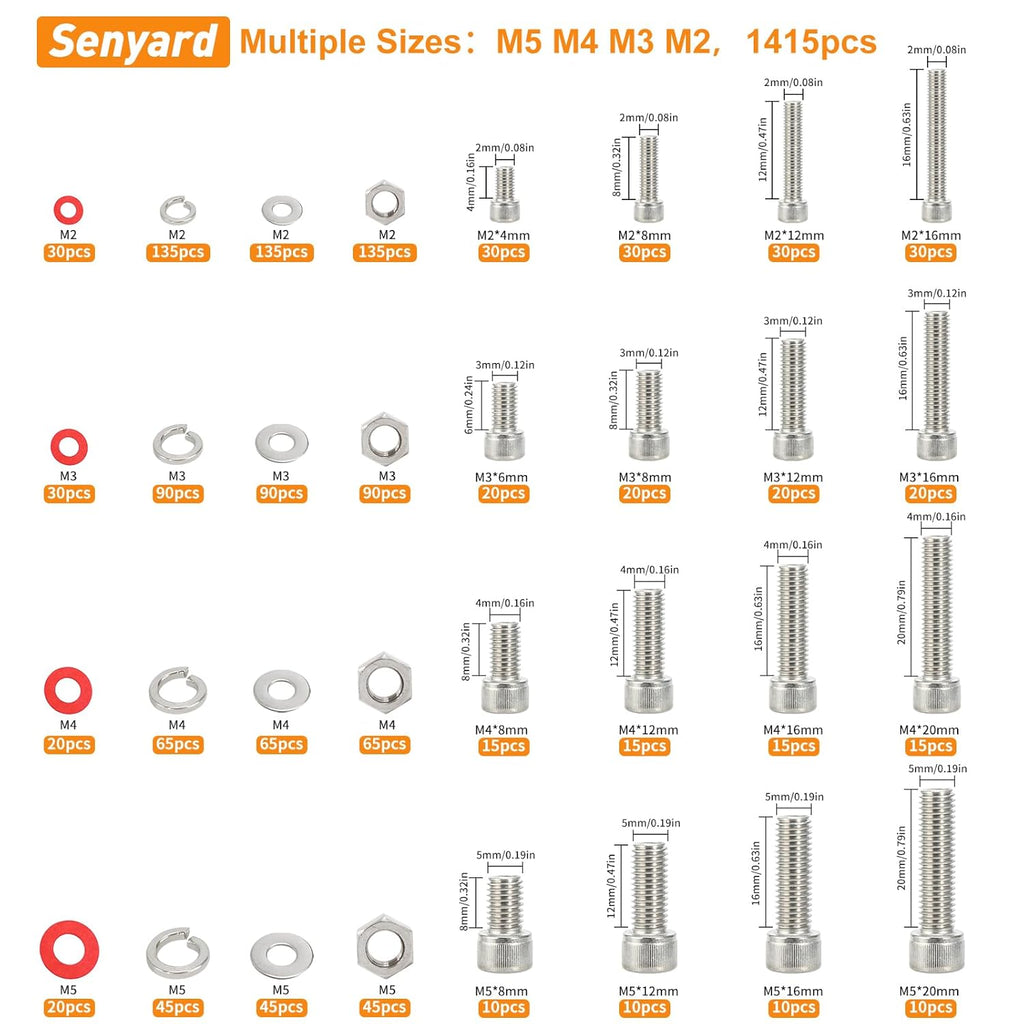 M2 M3 M4 M5 Nuts and Bolts, 304 Stainless Steel Metric Bolt Assortment (Lock & Flat Washers),Metric Screw Assortment