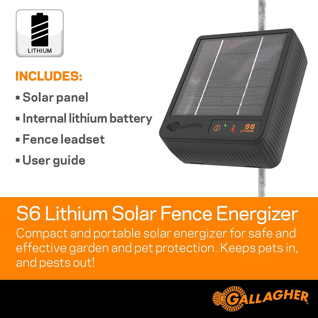 S6 Solar Electric Fence Charger | Solar Fence Energizer for Gardens, Chickens, Goats, and Pets | Solar-Powered Fence
