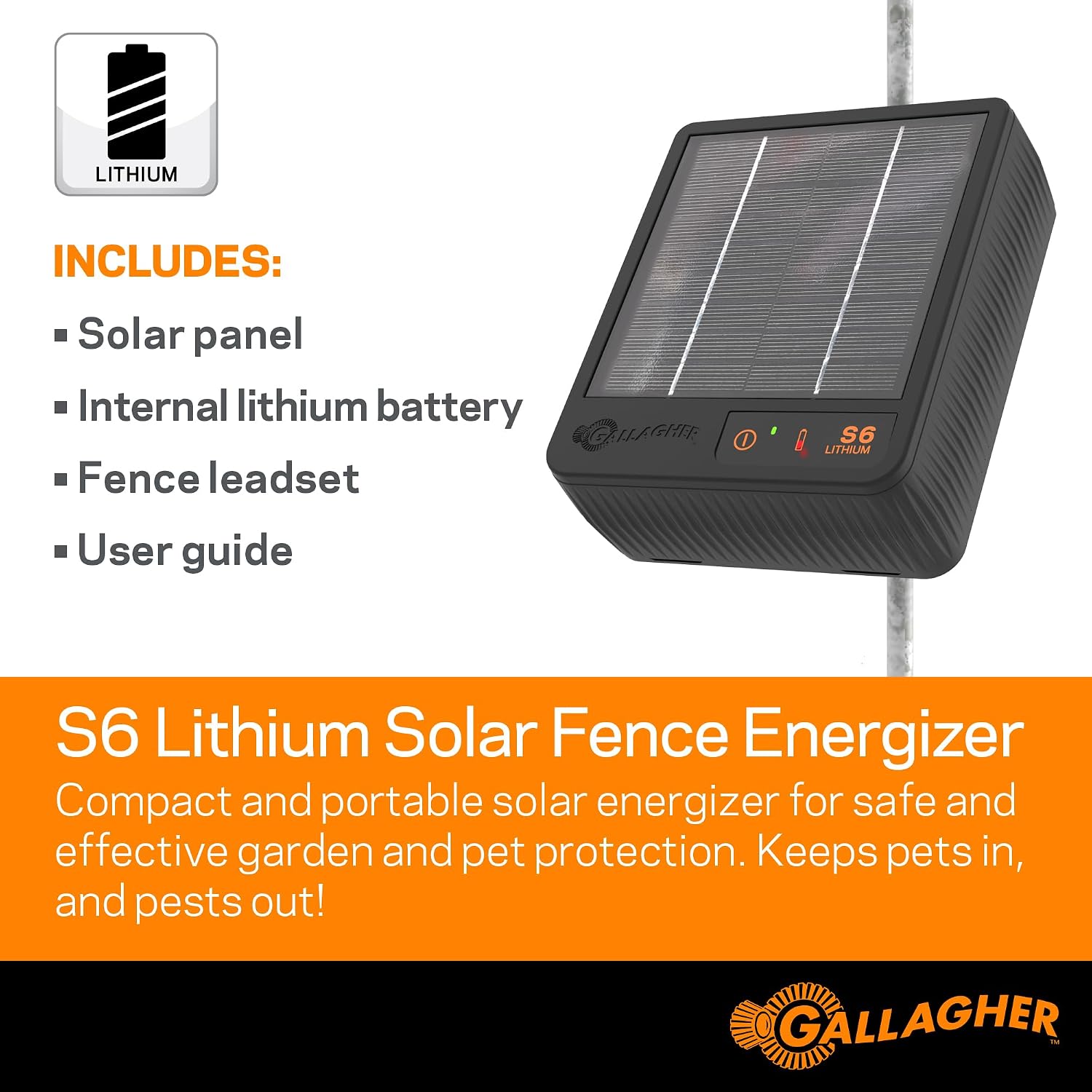 S6 Solar Electric Fence Charger | Solar Fence Energizer for Gardens, Chickens, Goats, and Pets | Solar-Powered Fence