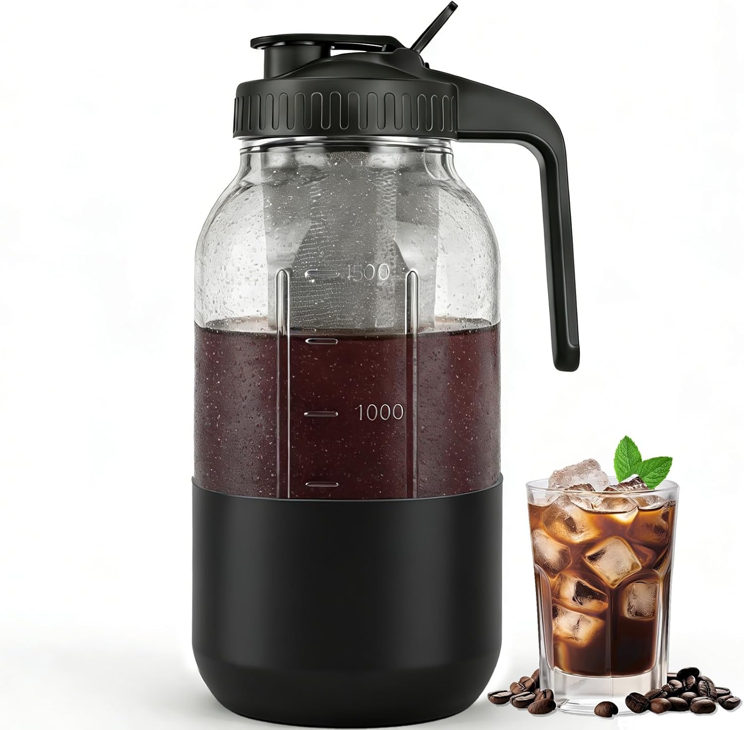 Cold Brew Coffee Maker, 64oz Mason Jar Pitcher with Stainless Steel Filter, Leak-Proof Lid with Pour Spout & Handle