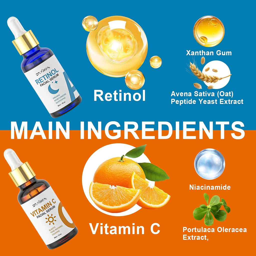 Vitamin C & Retinol Serum Set for Face – Day & Night Serum to Visibly Reduce the Look of Fine Lines with Hyaluronic