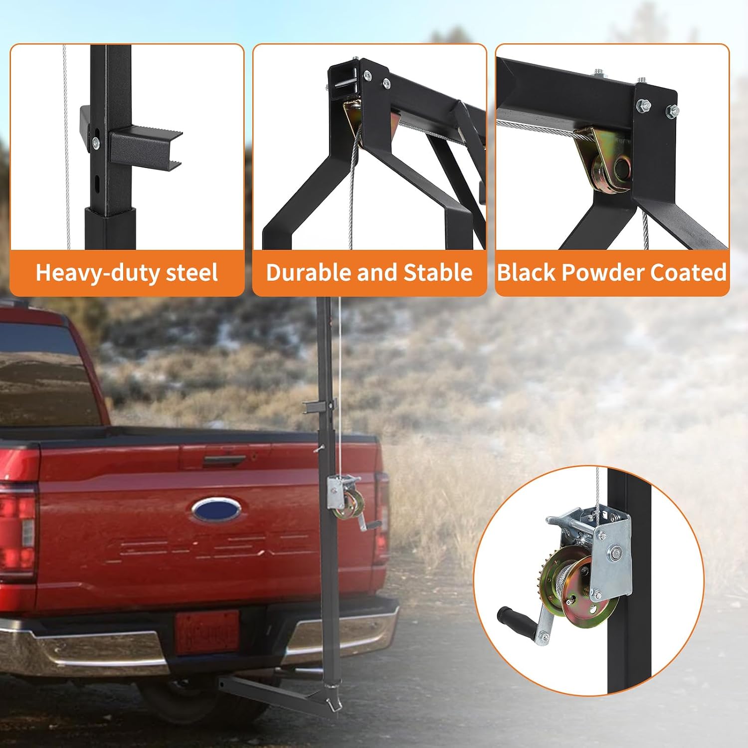 Heavy Duty Deer Hoist with Gambrel & Winch, 500LB Capacity, 360° Swivel, Adjustable 2'' Truck Hitch Mount Game Lifter