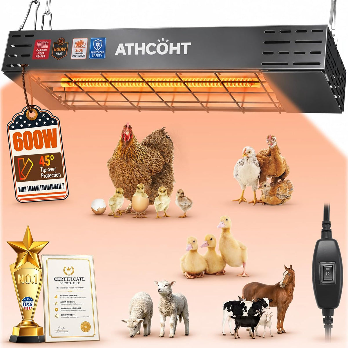 600W Heat Lamp for Chickens, Chicken Coop Heater Carbon Fiber