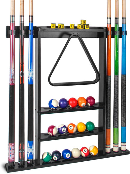 Black Pool Stick Holder, Wall Mount Pool Cue Rack ,Solid Wood Floor Stand for billiard cue sticks,Holds 6 Pool Cues &