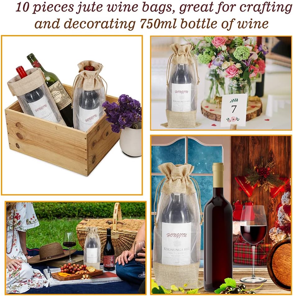 Wine Gift Bags, 10pcs Drawstring Bottle Bags with Sheer Window