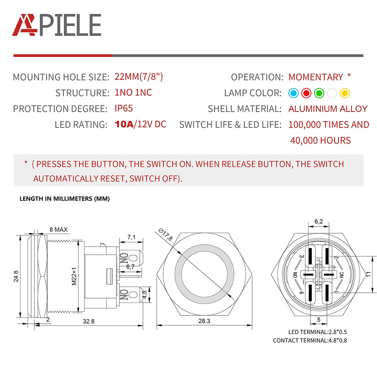 APIELE 10 Amp 22mm Momentary Push Button Switch 12V Angel Eye LED Waterproof Round Self Reset 7/8'' 1NO 1NC (Black Aluminum, Blue)