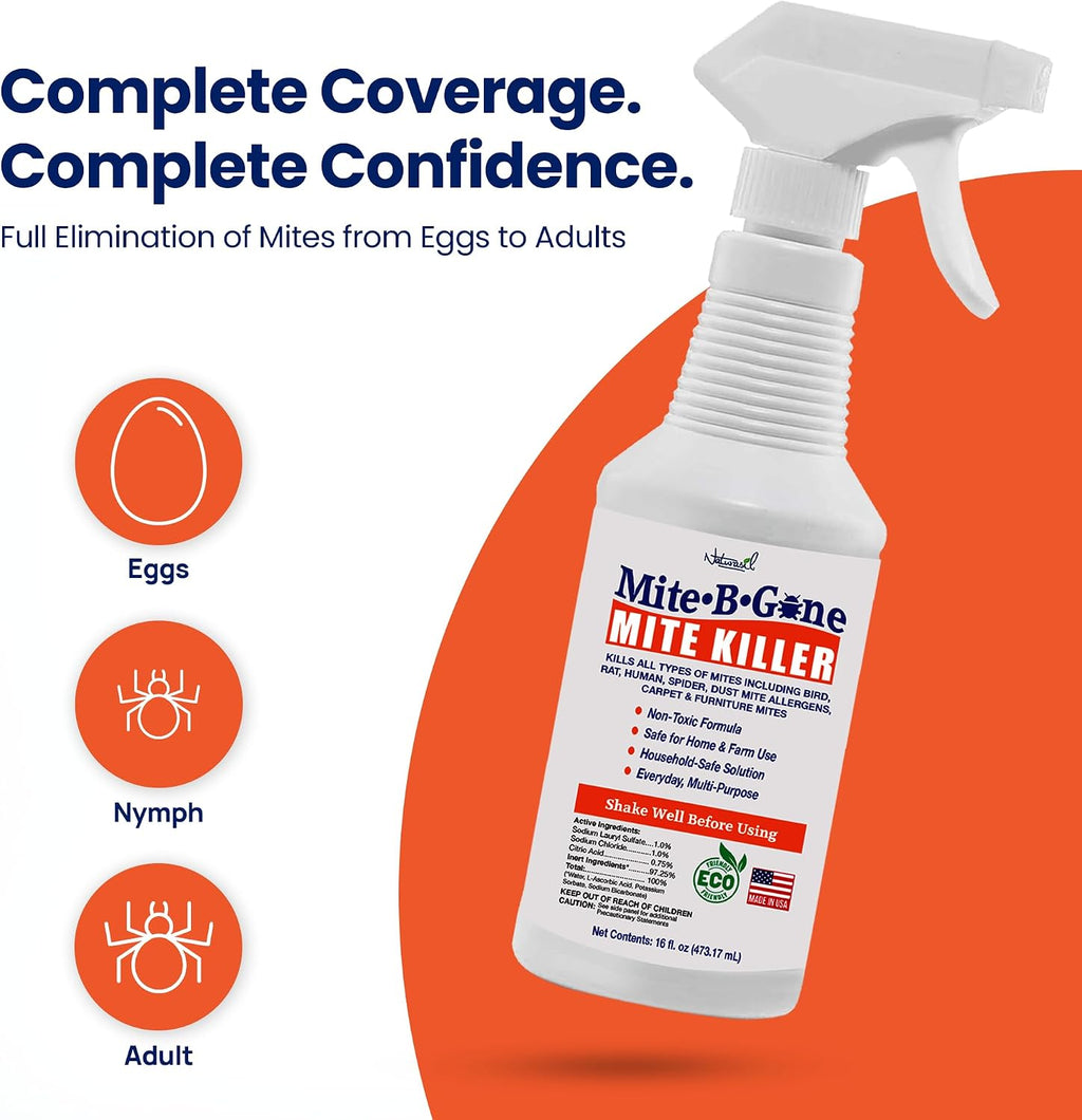 Mite-B-Gone Dust Mite Spray & Mite Killer for Home, Made in USA - 16 oz | Bedding, Furniture, Carpets & Chicken Coops