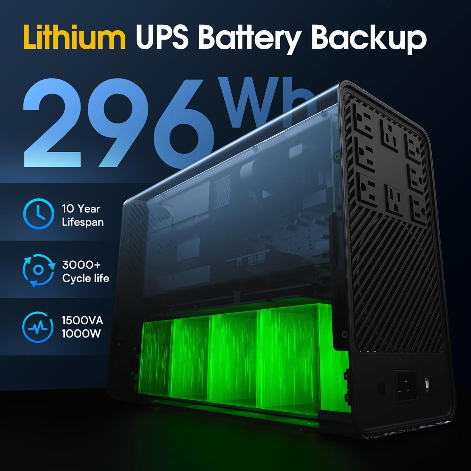 1500VA/1000W Lithium UPS Battery Backup & Surge Protector, White | Line Interactive, Pure Sine Wave, AVR, 8 Outlets