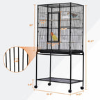 Spacious Flight Bird Cage with Rolling Stand & Storage Shelf - Durable Wrought Iron Parrot Home - Easy Clean, Ideal