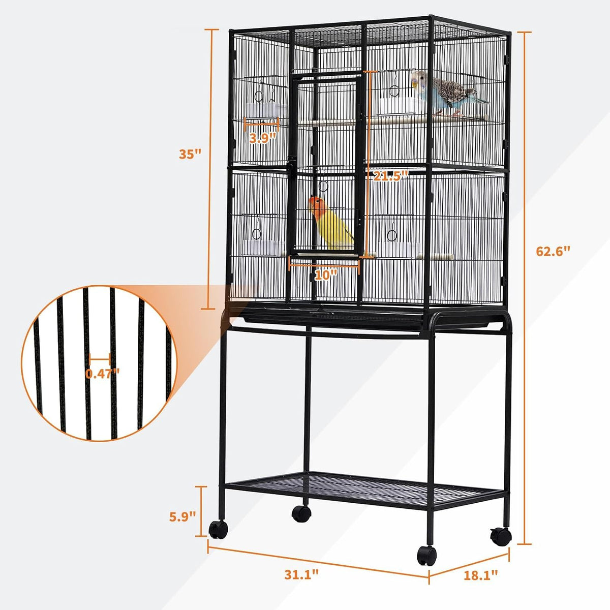 Spacious Flight Bird Cage with Rolling Stand & Storage Shelf - Durable Wrought Iron Parrot Home - Easy Clean, Ideal