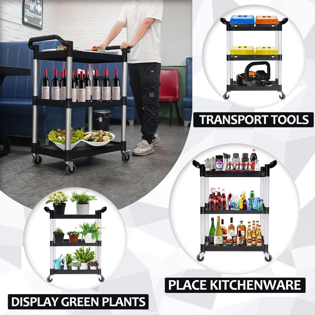 Plastic Utility Carts with Wheels, Heavy Duty 510lbs Capacity Rolling Service Cart, 3-Tier Restaurant Food Cart with