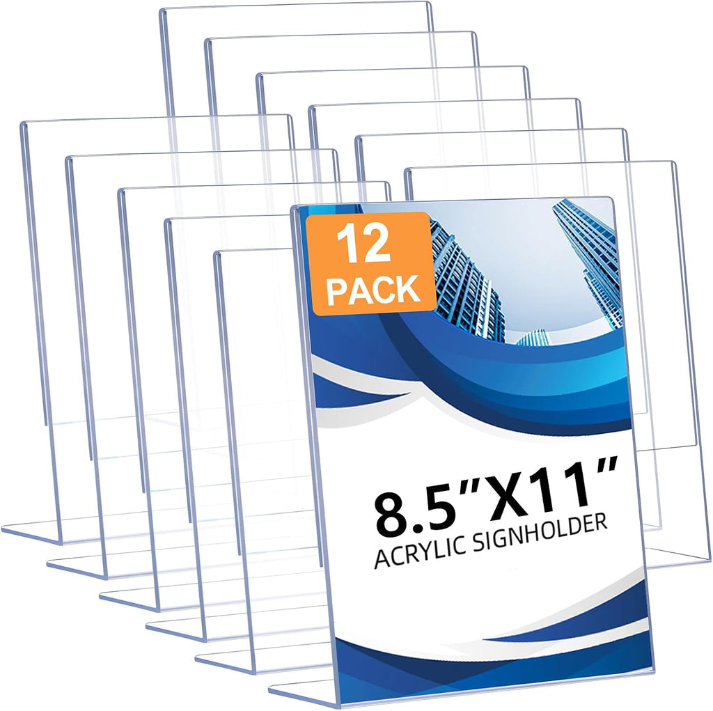 12 Pack Acrylic Sign Holder 8.5 x 11, Clear Plastic Display Stands for Tabletop, L-Shape Acrylic Stands for Flyers