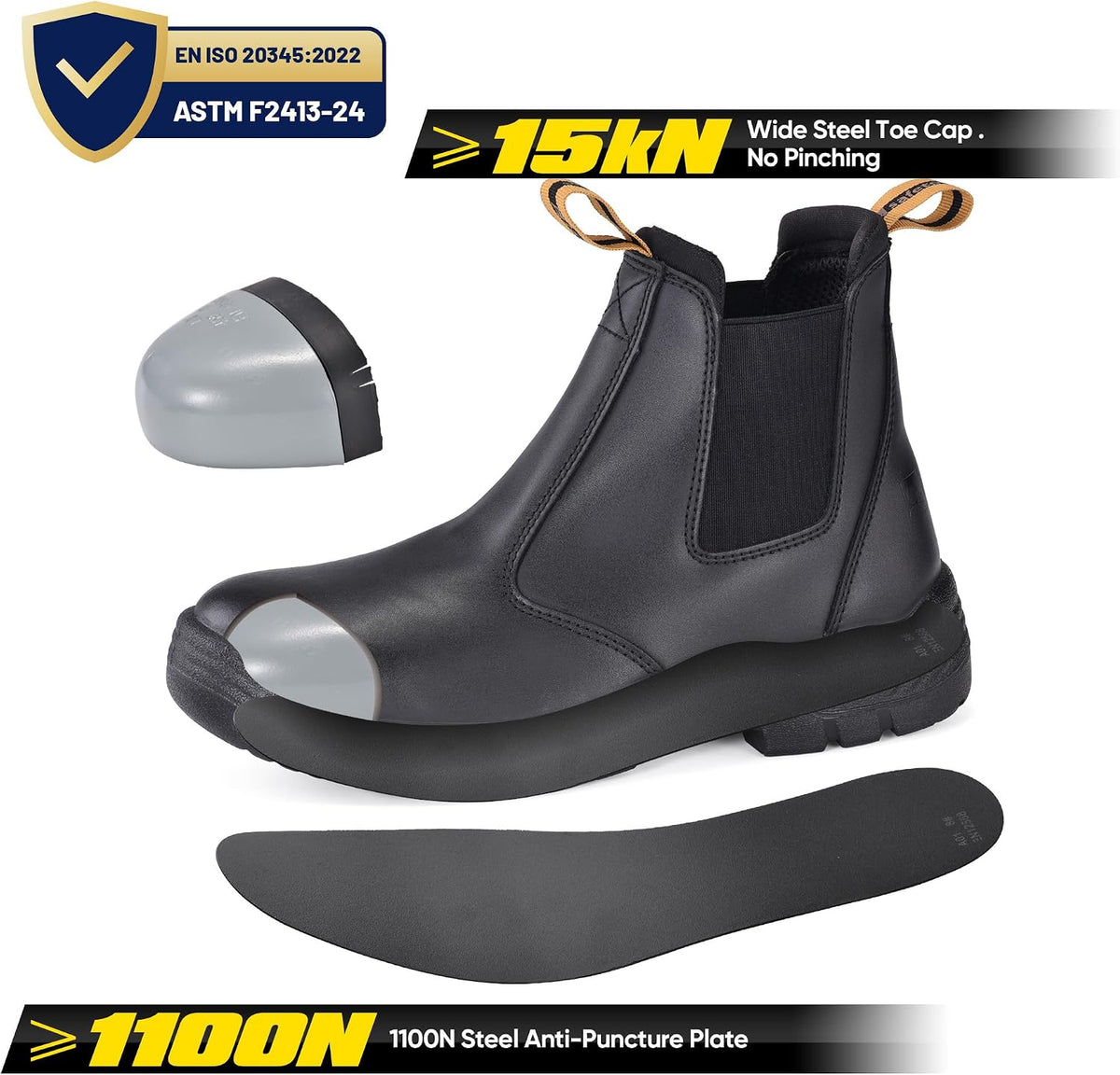 Mens Work Boots Steel Toe Chelsea Safety Boots Cow Leather Waterproof Lightweight Working Shoes