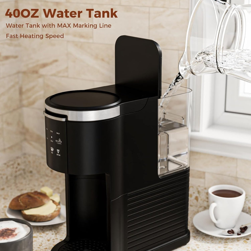 Single Serve Coffee Maker, 2-in-1 Pod & Ground Brewer, 90s Fast Brew, 5 Cup Sizes (6-14oz), 40oz Removable Tank, LCD