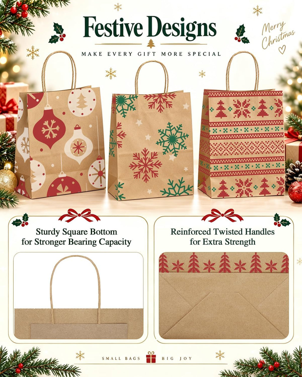Christmas Gift Bags with Handles, 36 Pack, 8x4.25x10.5 in Kraft