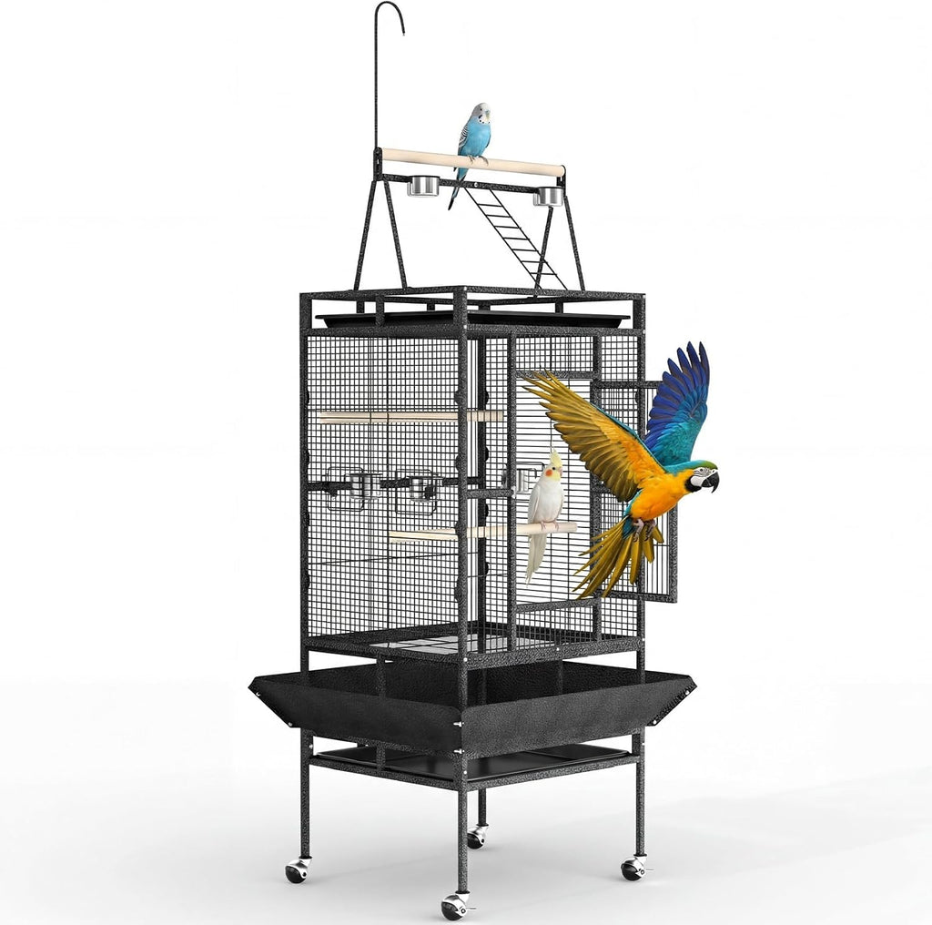 Extra Large 82" Parrot Cage with Play Top – Heavy Duty Wrought Iron Aviary, Rolling Stand, Secure Lock, Easy-Clean