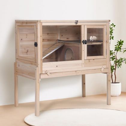 Guinea Pig Cage with Wooden Stand - Hamster Cage, Small Animal Cage Anti Chew Ramp, Hideout, Platform, Pull Out Tray