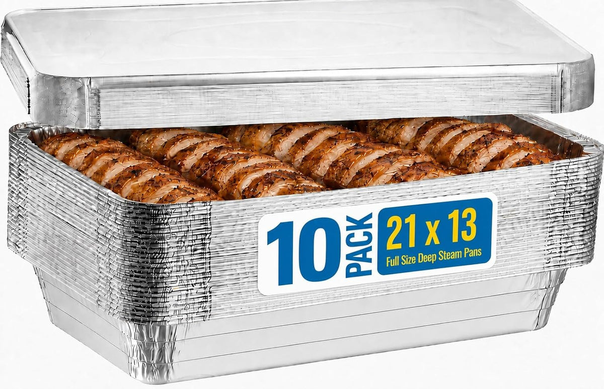 Full Size Deep Steam Aluminum Table Pans - Disposable to go Foil Pans for Chafing, Baking, Storing and Catering