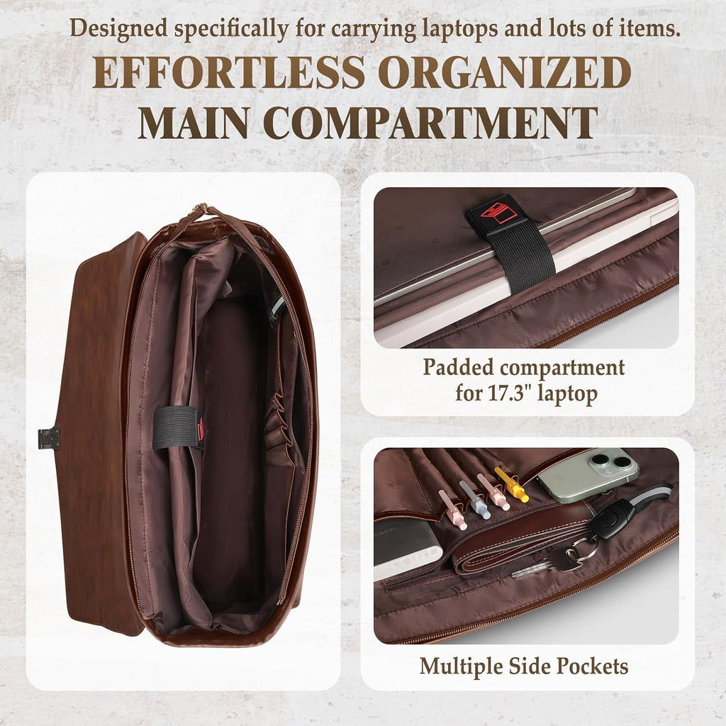 17.3 Inch Men's Messenger Bag, PU Leather Laptop Briefcase for Work, Office & Business Travel, Spacious Satchel Bag