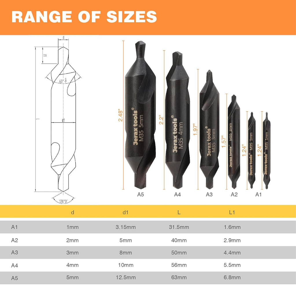 M35 HSS 60° Center Drill Bit Set, 6PCS Metal Countersink