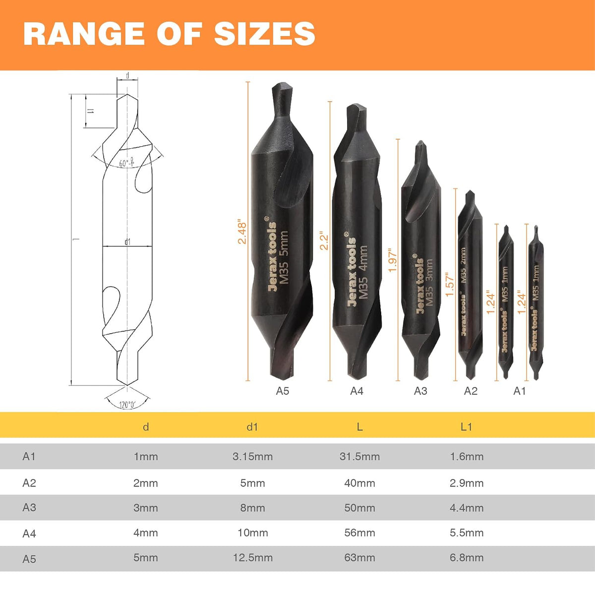 M35 HSS 60° Center Drill Bit Set, 6PCS Metal Countersink