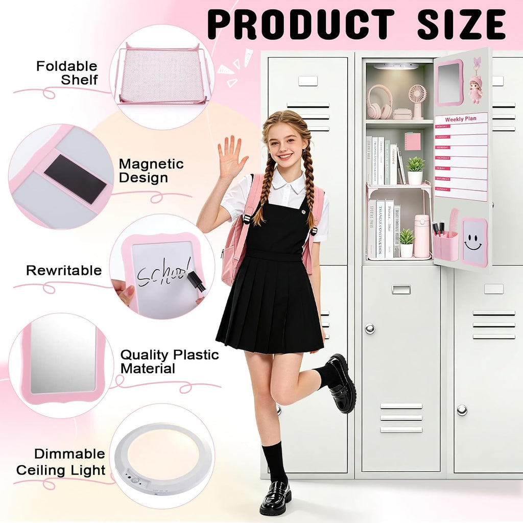 Pink Locker Accessories Kit 16PCS, School Locker Organizer Set with Shelf, Magnetic Mirror, Whiteboard Marker, Pen