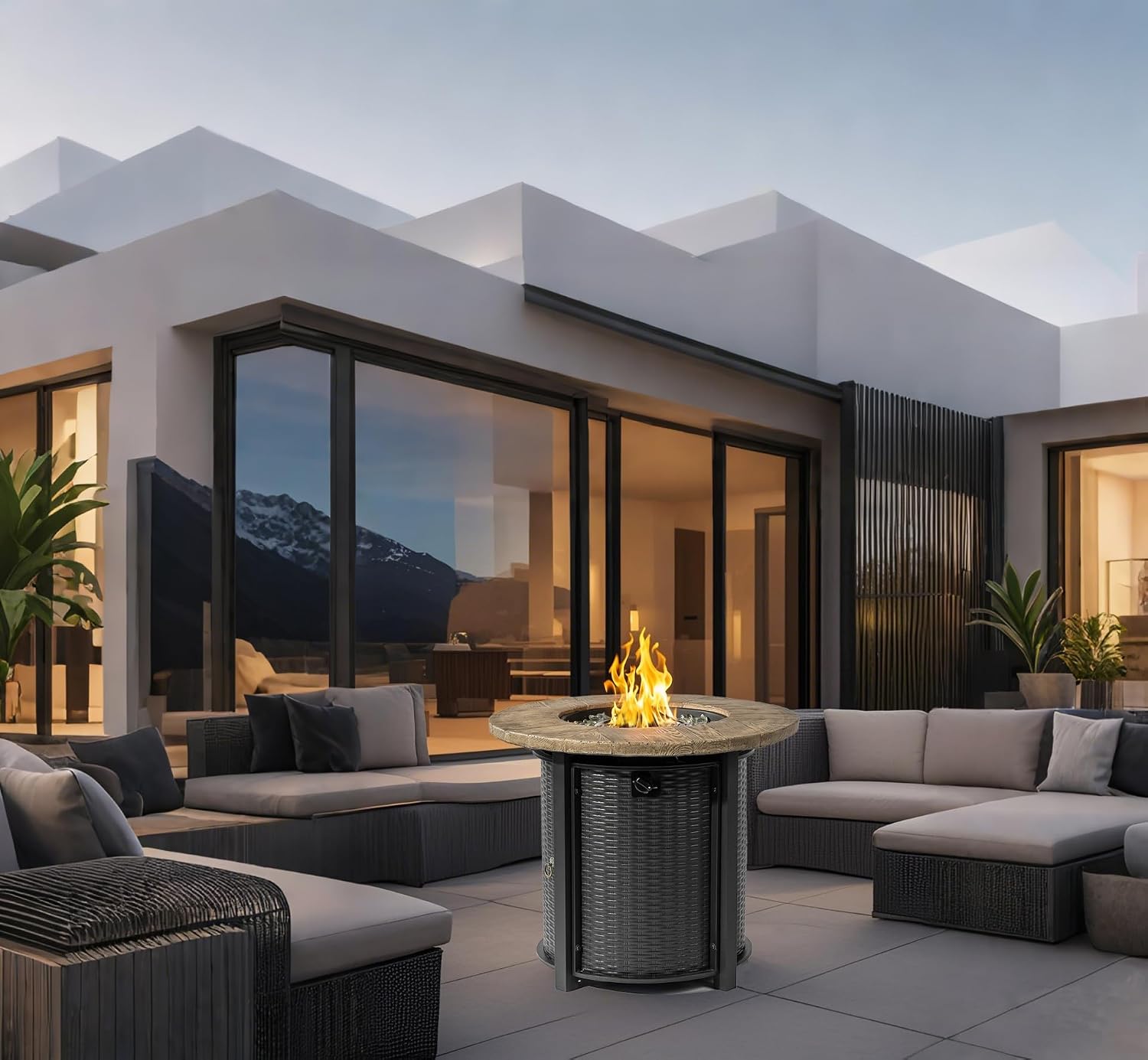 30'' Concrete Round Gas Fire Pit, 50,000 BTU Steel Outdoor Fire Tables, Fire Table with Lid, Add Warmth & Ambience to