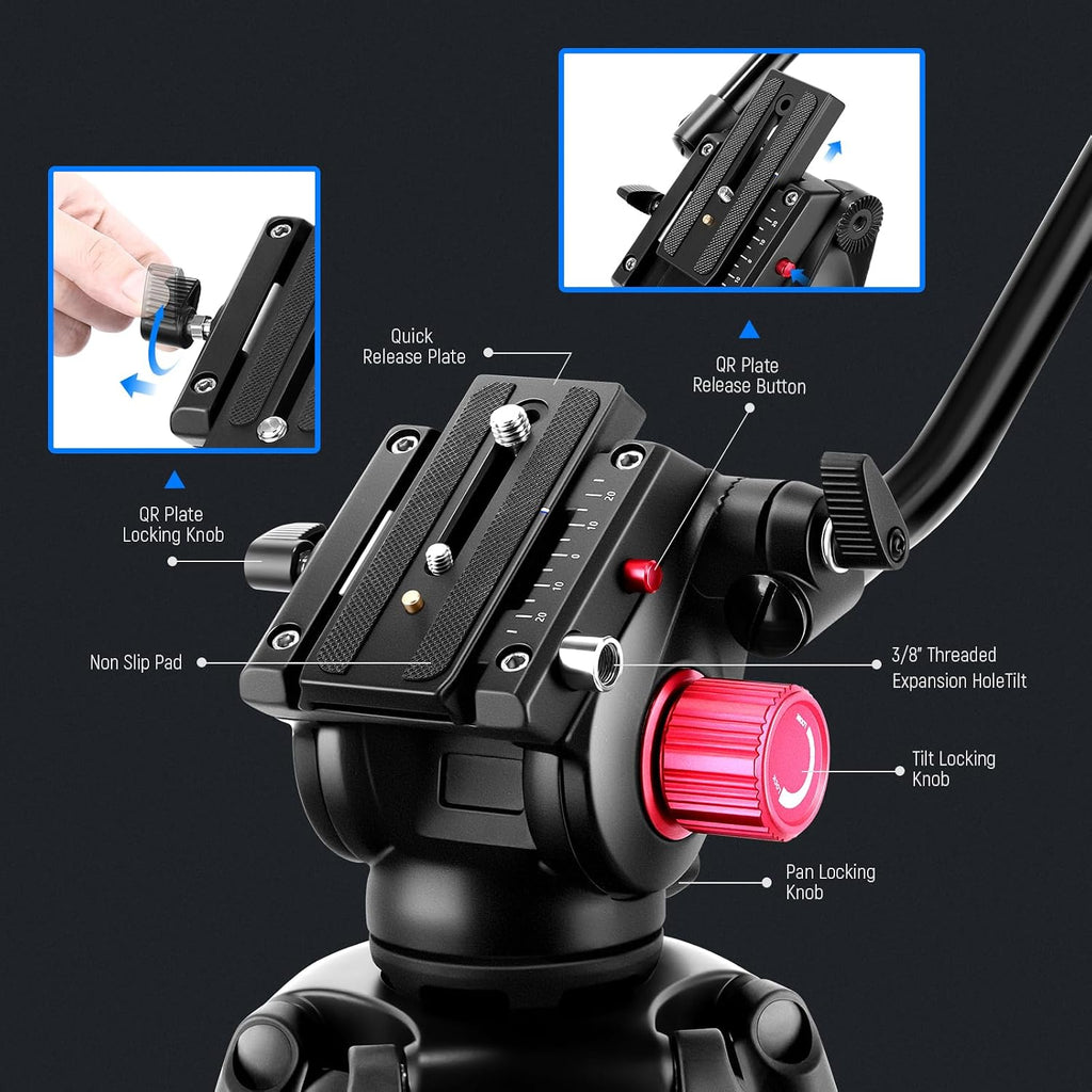 79"/200cm Video Tripod, Heavy Duty Aluminum Alloy Camera Tripod Stand with 360° Fluid Drag Head, QR Plate Compatible