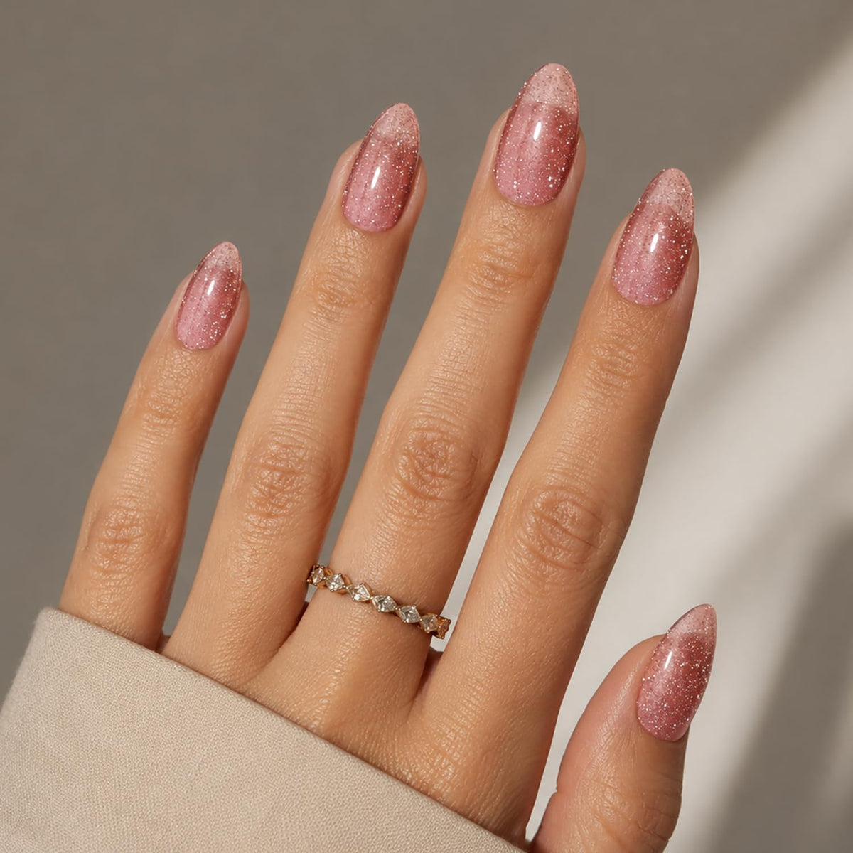 Press On Nails Almond - Nude Pink Nails Glitter Fake Nails