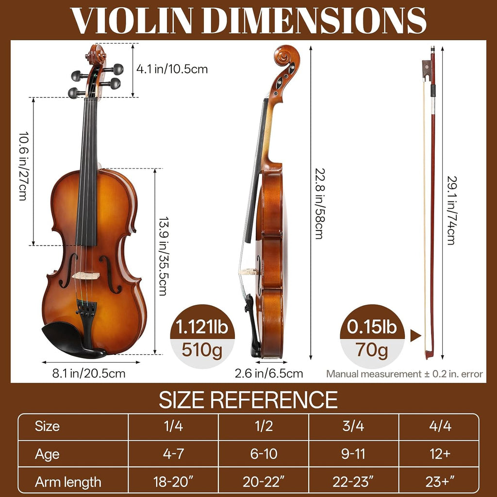 Violin 4/4 Full Size Starter Kit for Students Beginners Adults, Quality Ebony Acoustic Fiddle Set with Hard Case