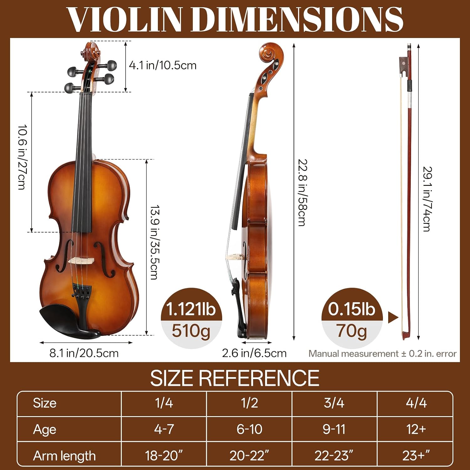 Violin 4/4 Full Size Starter Kit for Students Beginners Adults, Quality Ebony Acoustic Fiddle Set with Hard Case