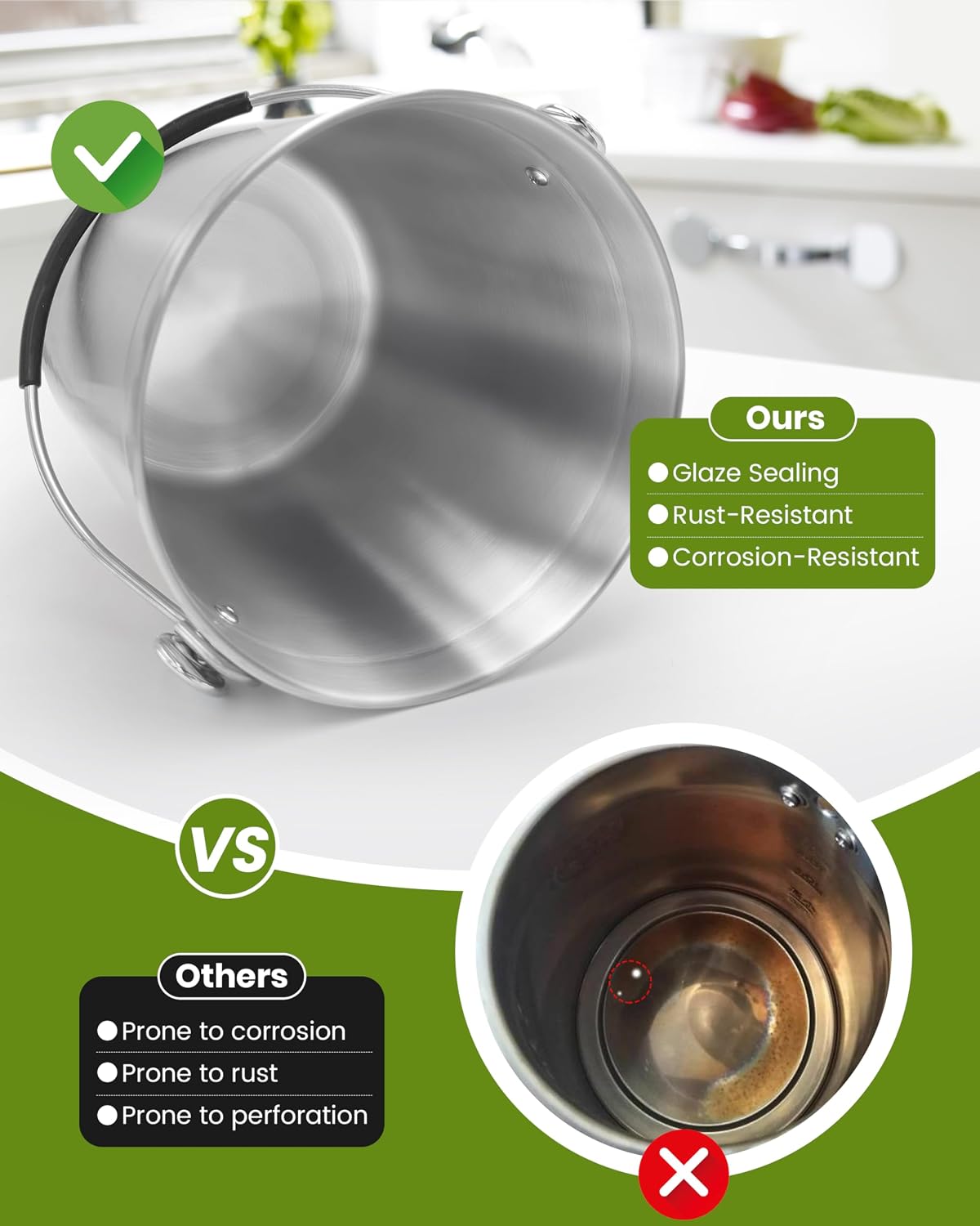 Countertop Compost Bin Kitchen Stainless Steel 1.3 Gallon | With Lid, 2 Charcoal Filter for Odorless Composting