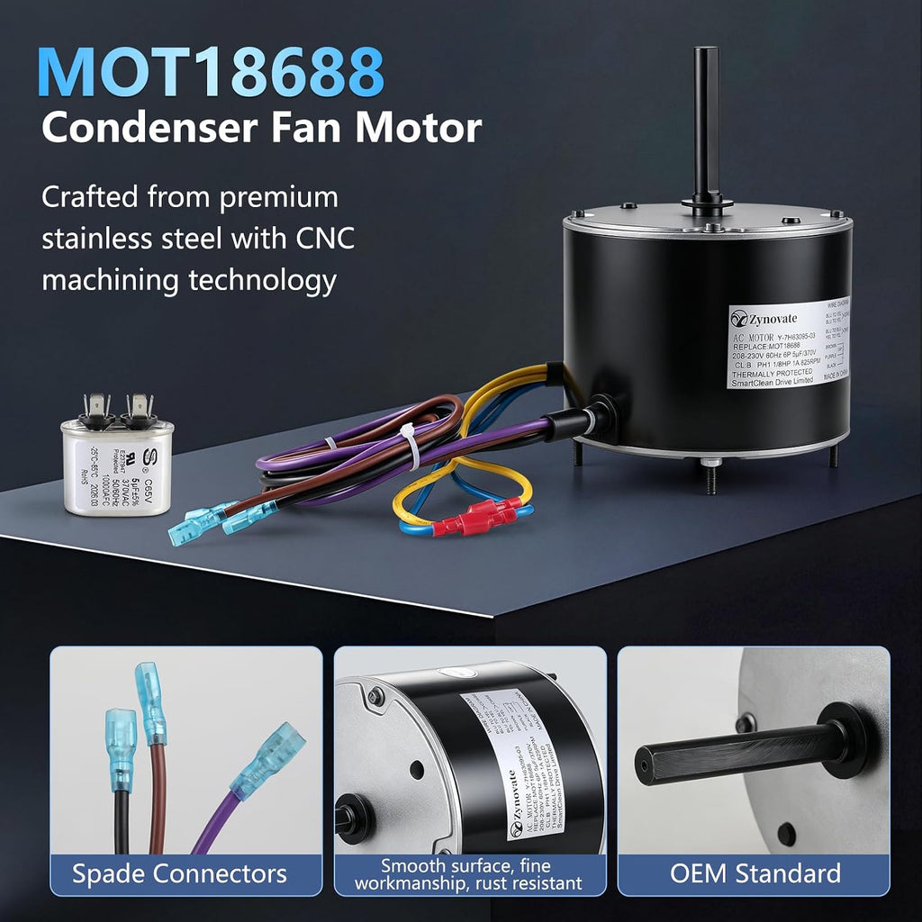 MOT18688 Condenser Fan Motor 1/8 HP 825 RPM 208-230V 48 Frame AC Fan Motor