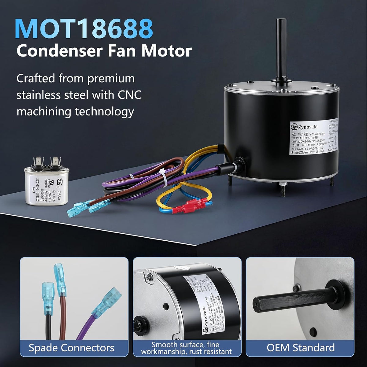 MOT18688 Condenser Fan Motor 1/8 HP 825 RPM 208-230V 48 Frame AC Fan Motor