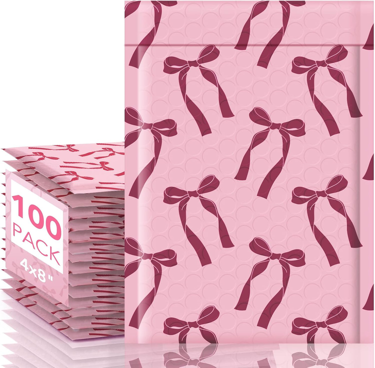 Bubble Mailers 4x8 100 Pack, Pink Bows Cute Design Padded Envelopes