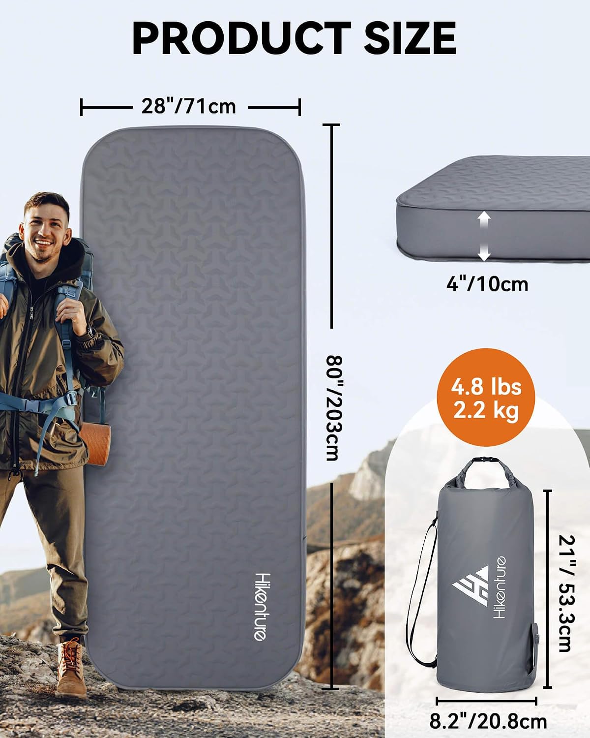 4" Thick Self Inflating Sleeping Pad, Foam & Air Camping Mattress | 9.5 R-Value Insulated Sleeping Mat for All