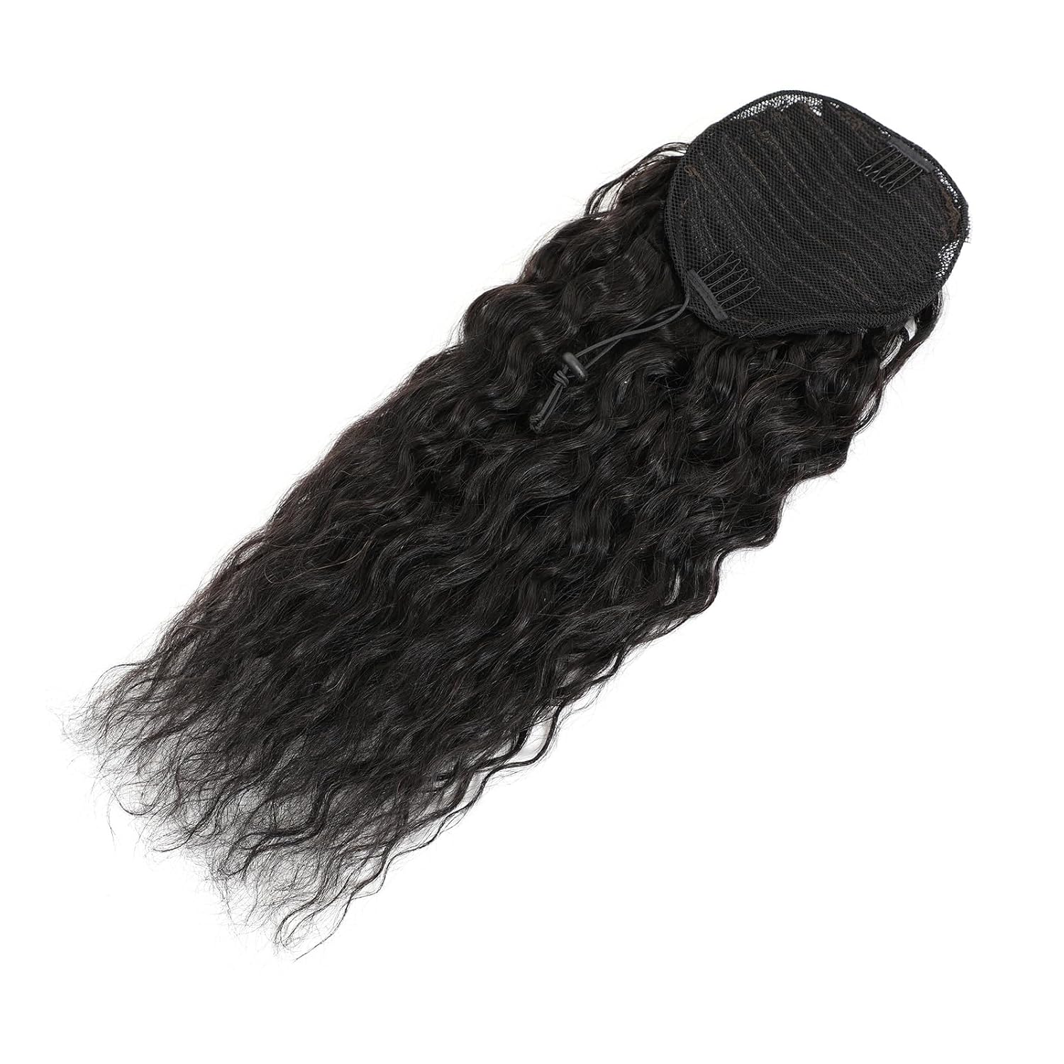 100% Human Hair Drawstring Ponytail Extension Water Wave in Natural Color 1B Corn Wave Ponytail Clip in Extensions