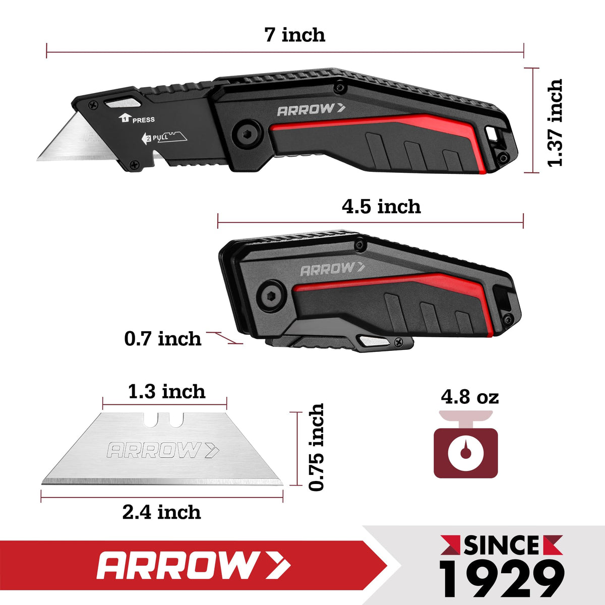 ARROW Folding Utility Knife, Quick Change Box Cutter with 10 Blades