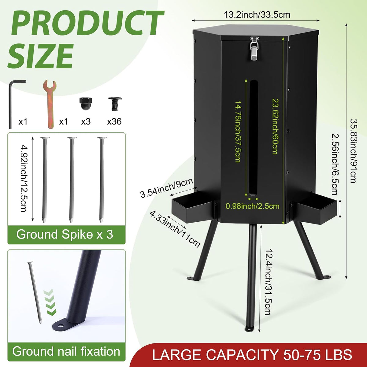 3 Patio 50-75 Lbs Large Deer Feeder with Visible Window Heavy Duty Metal Free Standing Deer Feeding Barrel Hunting