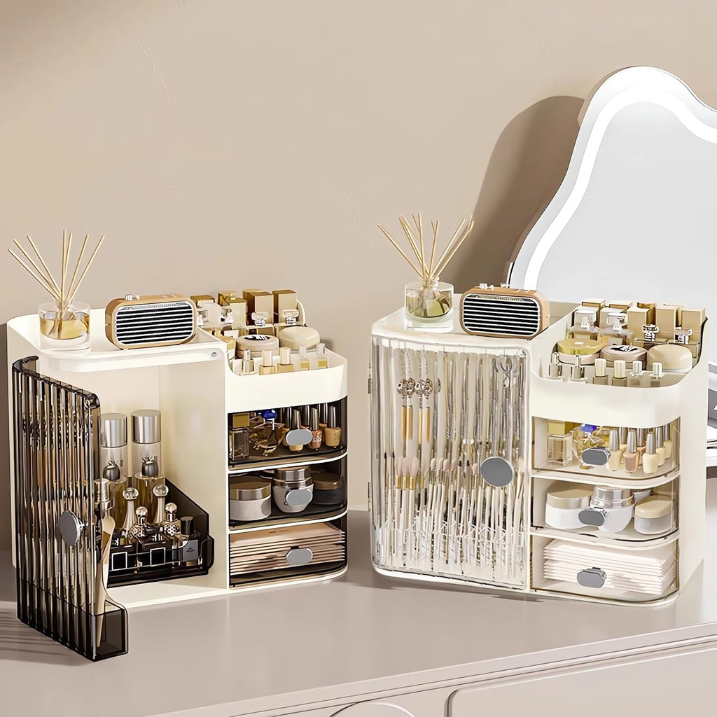 Makeup Organizer for Vanity,Large Capacity Makeup Storage Organizer with 3-Layer Drawers and Mirror,Cosmetics Display