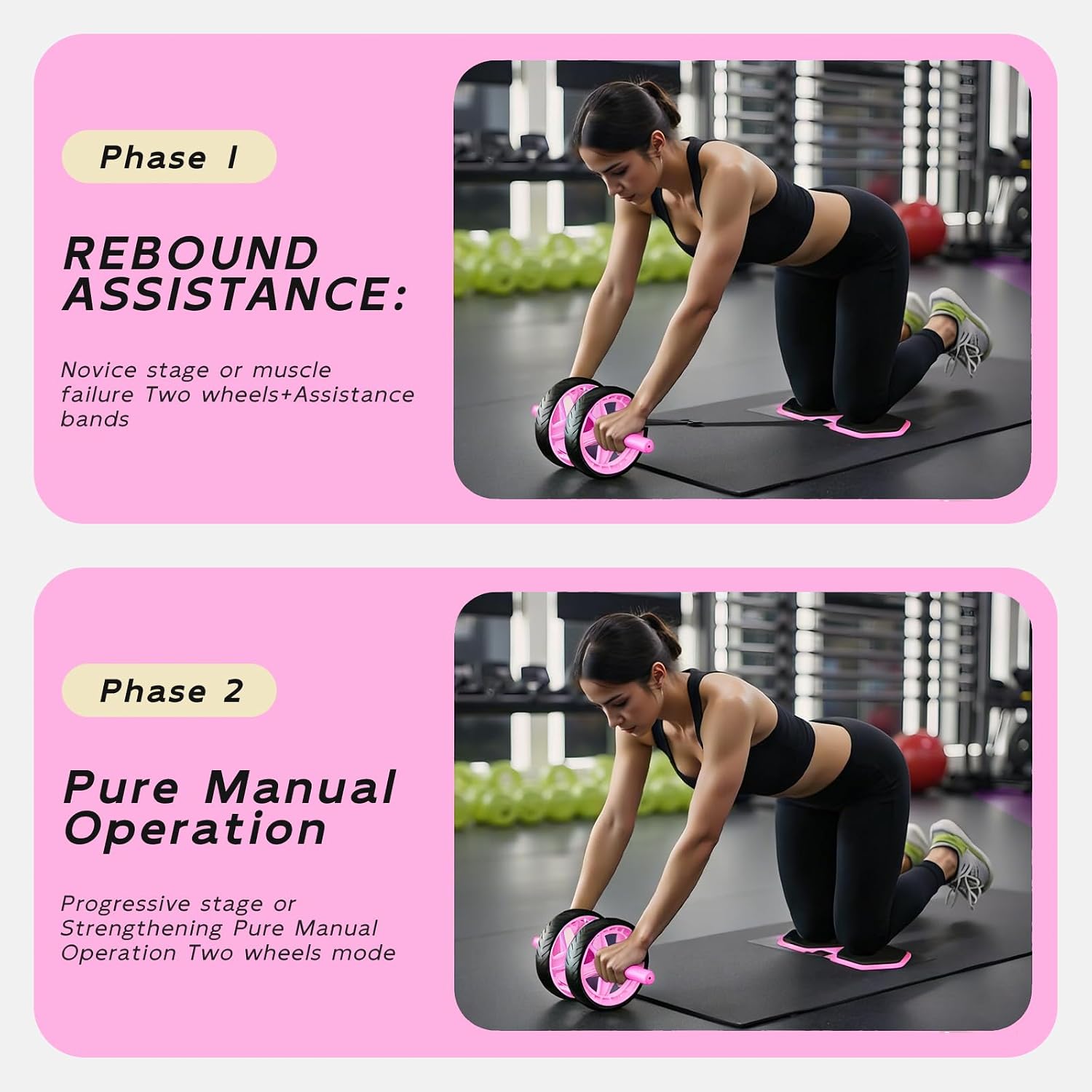 Double-Wheel Ab Roller for Core Training – Rebound Design with Adjustable Elastic Band, Silent Non-Slip Wheels